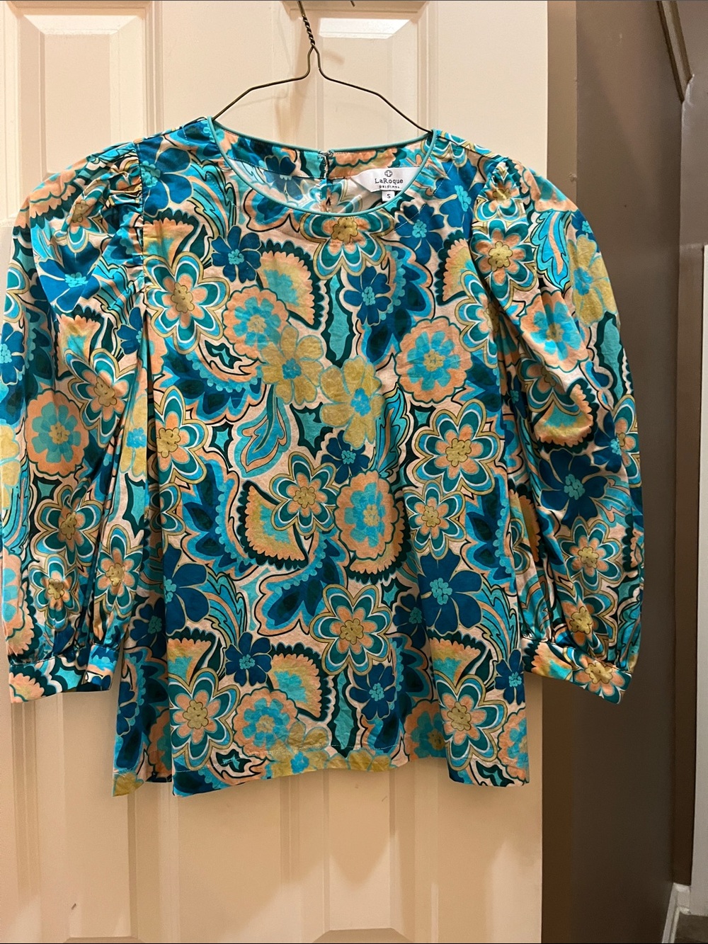 LaRoque Original!  Teal Floral Puff-Sleeve Blouse Cotton Like New!